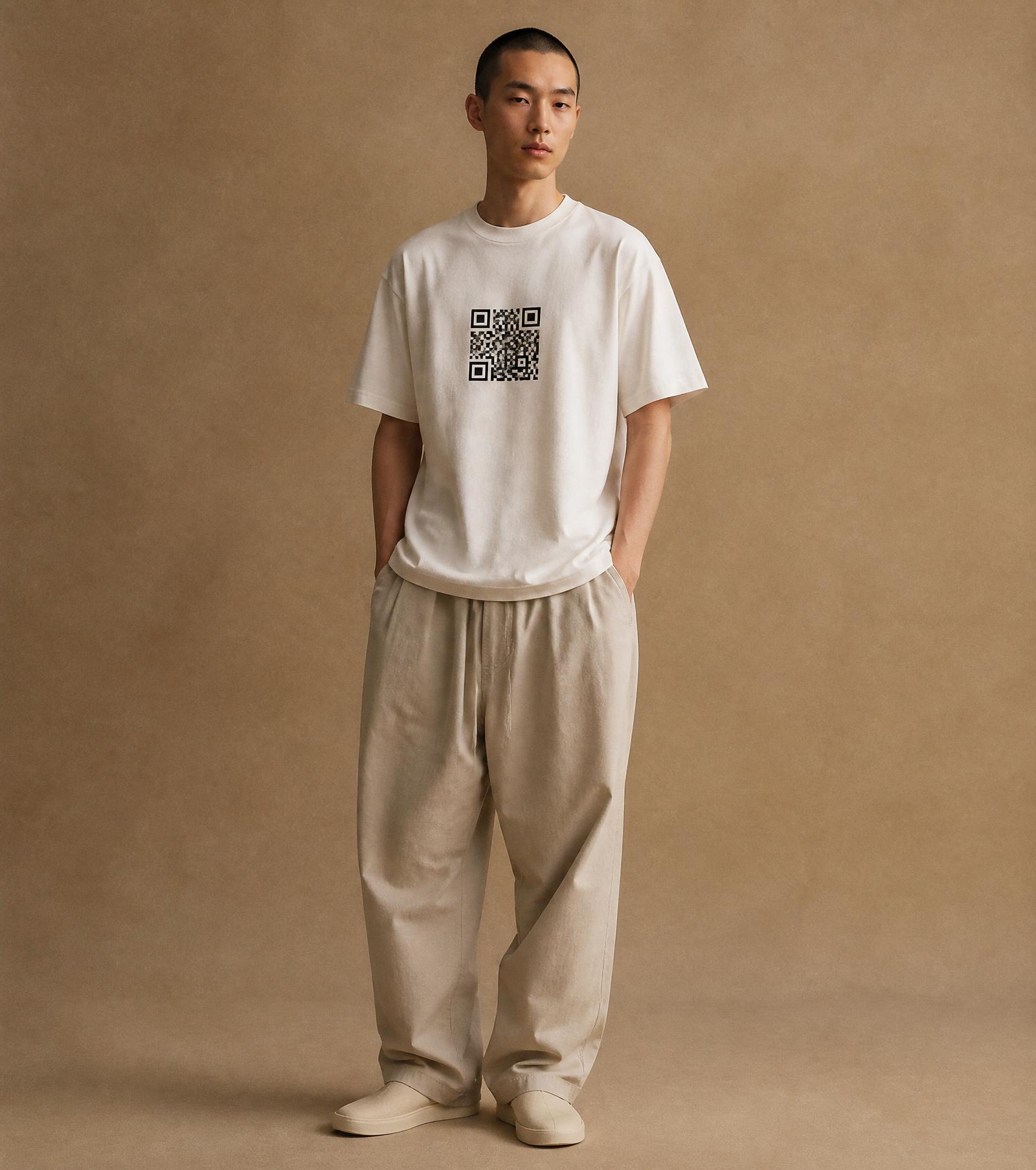 Model wearing a Line. editorial t-shirt with dynamic QR code